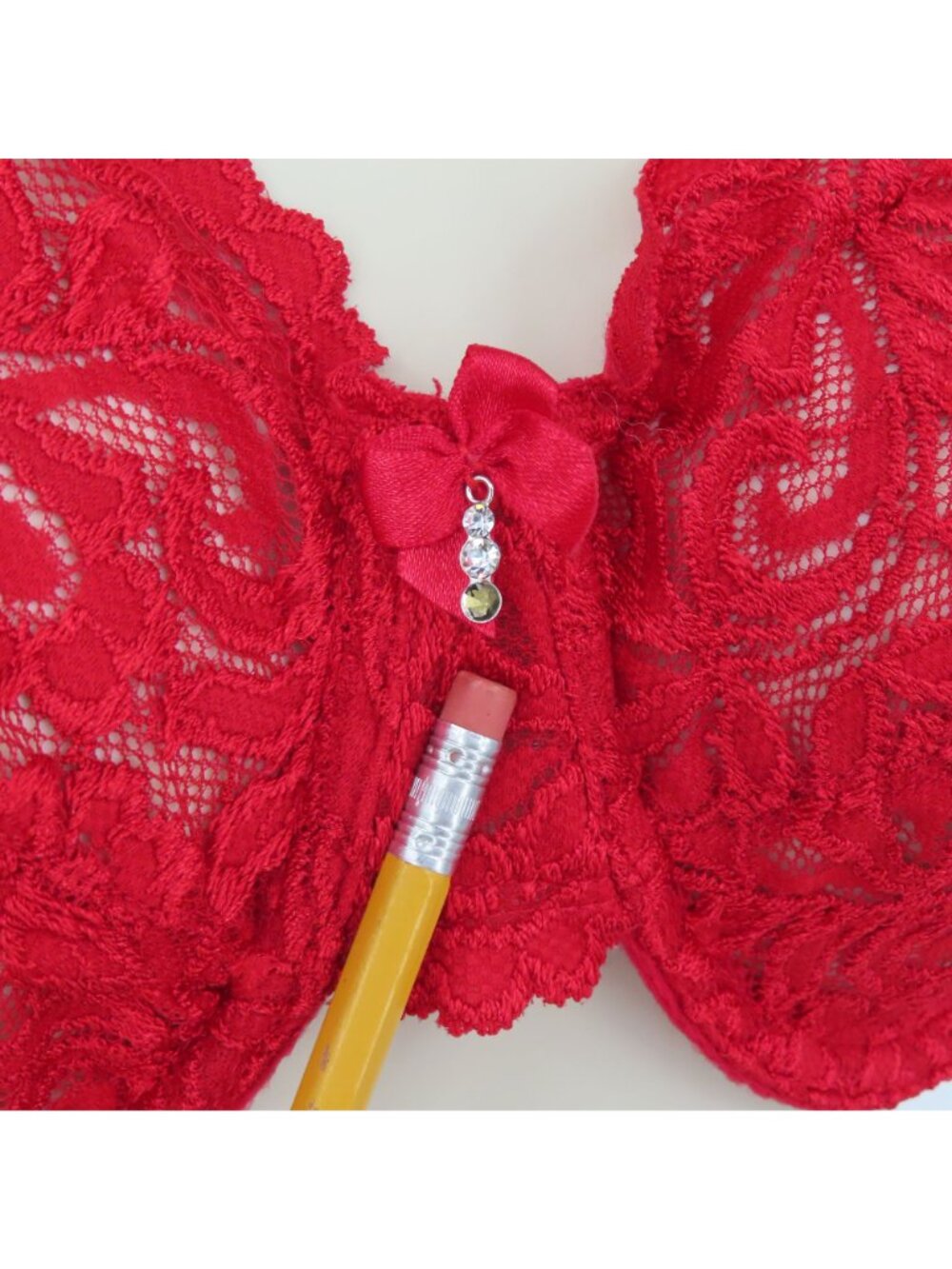 Secret Treasures 38D Bra Rhinestone Sheer Solid Red Lace Mesh Underwire Unlined - Picture 4 of 15